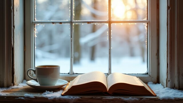 Cup of hot morning coffee or tea and opened book on vintage windowsill. Cozy winter background. Still life concept. Tea Day - Powered by Adobe