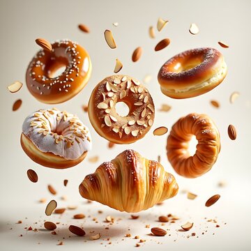 Fresh croissant Nuts bread with chocolate puff pastry dough lies, Breakfast sweet bun and croissant baguette Isolated mood on white background, Generative ai illustration.	