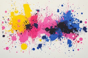 Obraz premium Colorful paint splatter background with yellow, magenta, cyan and black paint splatters on white surface.