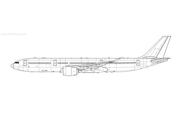 Airbus A330-900 NEO. Vector drawing of wide-body long range airliner. Side view. Image for illustration and infographics.
