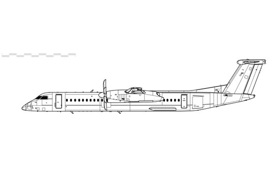 De Havilland Dash 8-Q400, DHC-8-Q400. Vector drawing of turboprop regional airliner. Side view. Image for illustration and infographics.