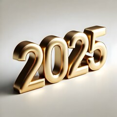3D golden 2025 text on a plain background, minimalist and elegant design ideal for New Year or future-themed visuals. Represents a sleek, modern aesthetic with luxury and sophistication