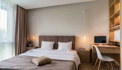 Stylish hotel bedroom interior with bed, work table and window. Mock up wall