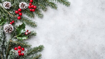 Close-up of a Christmas tree adorned with pine cones and holly leaves.