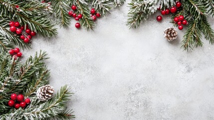 Festive Christmas backdrop with lush fir branches, scattered pine cones and vibrant red berries.