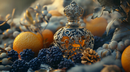 Fototapeta premium Ornate Perfume Bottle with Citrus and Berries Still Life