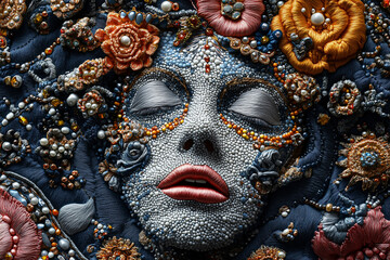 A stunning artistic composition featuring a face covered in intricate beadwork and vibrant floral embellishments.