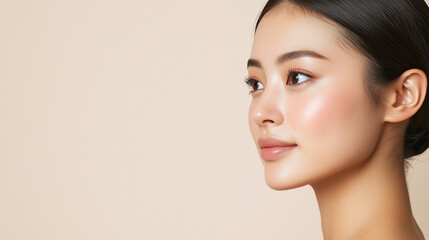 Naklejka premium Serene Close-Up of Japanese Woman with Flawless Skin