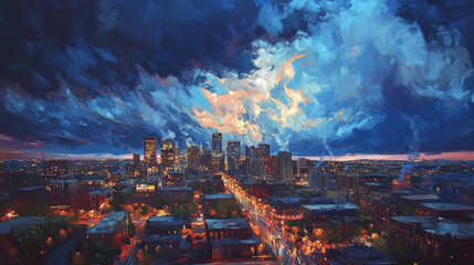Cityscape Thunderstorm: Dramatic Painting, Night City, Artistic Expressionism, Vivid Colors, Urban Landscape
