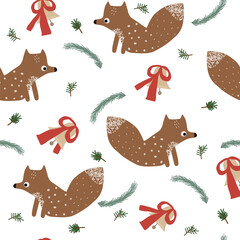 Seamless pattern with Christmas bells and animals. Cute holiday print. Vector hand drawn illustration.