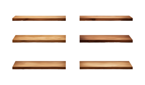 Set of empty wooden shelves on a transparent background. isolated background.