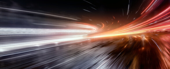 Light trails fast moving across а night road scene, creating a sense of speed and movement. Concept of motion, velocity, and modern technology. 3d illustration