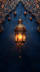 Elegant Ramadan lantern displayed on a blue background, with festive bokeh lights creating a warm, celebratory ambiance.