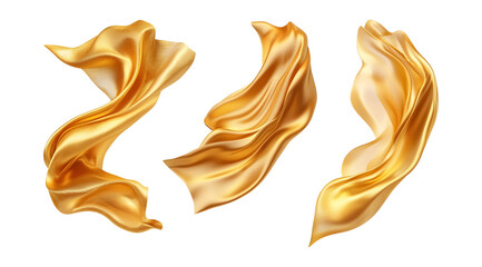 Set of flying luxurious golden silk on a transparent background. isolated background.