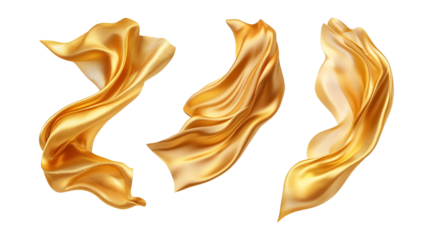 Set of flying luxurious golden silk on a transparent background. isolated background.