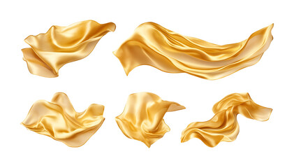 Set of flying luxurious golden silk on a transparent background. isolated background.