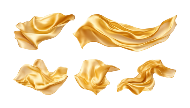 Set of flying luxurious golden silk on a transparent background. isolated background.