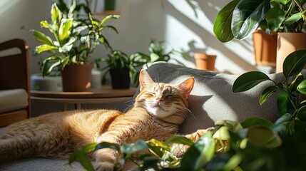 Playful cat lounging in a sunbeam, surrounded by houseplants in a warm and inviting living room