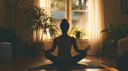 Woman Practicing Yoga at Home, Sunrise, Peaceful, Serene, Mindfulness