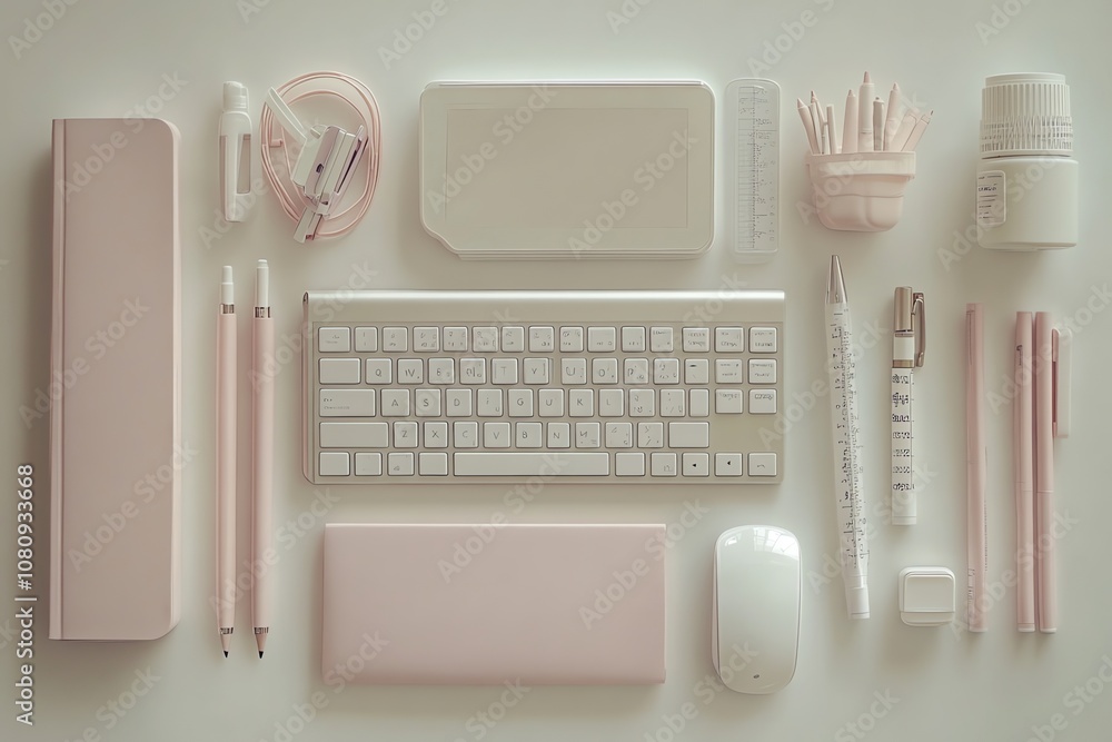 Poster flat lay of a modern workspace with a white keyboard, mouse, pens, pencils, and a notebook on a whit