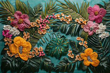 Vibrant embroidered flowers and leaves on an intricate blue fabric backdrop showcasing detailed craftsmanship and colorful artistic design,