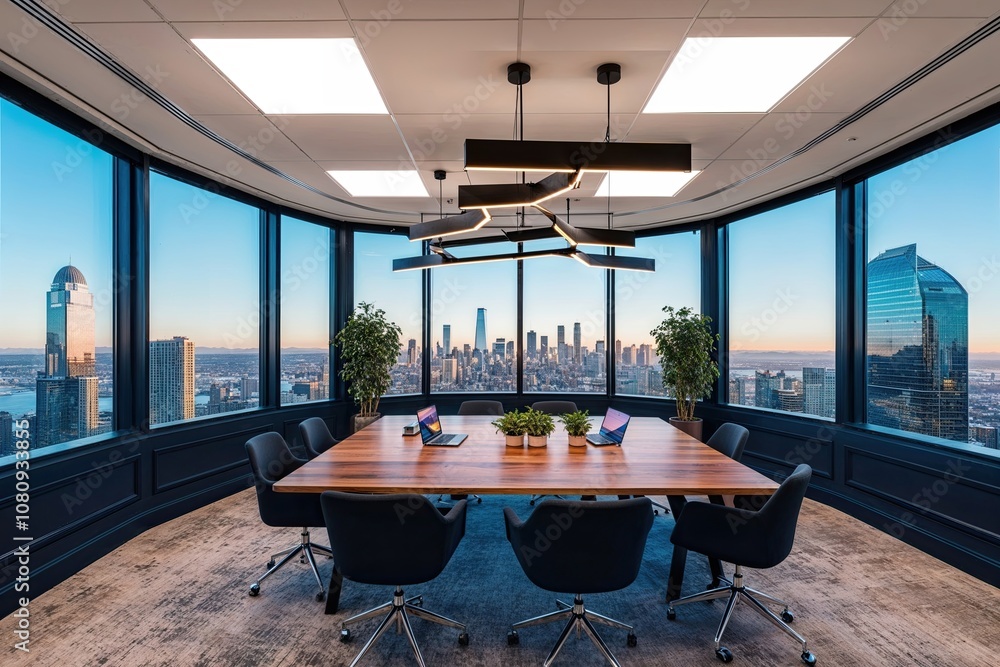 Poster revolutionary collaborative coworking space featuring panoramic windows and skyline view 3d visualiz