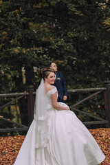 Fototapeta premium A bride and groom are standing in front of a fence, with the bride wearing a white dress and the groom wearing a blue suit