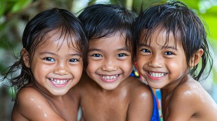 Three young southeast asian children are showing their beautiful smiles while playing outdoors