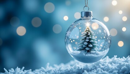 Crystal Ball Christmas: A close-up view of a clear glass ball ornament, encapsulating a miniature Christmas tree, resting on a bed of fresh, fluffy snow, illuminated by gentle, twinkling lights.