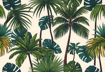 Seamless pattern with tropical palm trees. Exotic tropical plants Illustration of jungle nature.