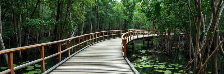 Obraz premium A wooden bridge winding through a lush mangrove forest being restored, plants, boardwalk