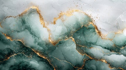 Abstract art featuring flowing teal and gold textures resembling natural landscapes.