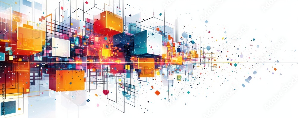 Poster colorful geometric abstract design with cubes and lines