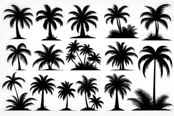 Palm trees silhouettes. Tropical leaves, retro palms tree and vintage silhouettes. Coconut palm, exotic lush sketch or hawaii coco palms. Vector illustration isolated icons set