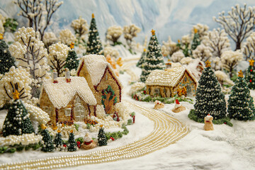 An intricate beaded landscape depicting a snowy village with golden highlights.