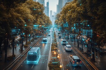 Futuristic cityscape with digital data and self-driving cars on a busy street.