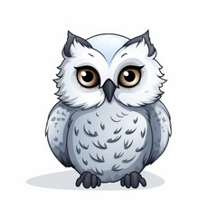 Fototapeta premium Cute cartoon owl with big eyes and fluffy feathers sitting on a white surface, perfect for children's books, educational materials, and nature-themed designs