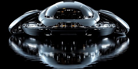 Futuristic flying car with glowing lights and a sleek design, reflected in a black surface.