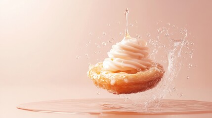 Studio advertisement banner showcasing a sweet pastry with syrup in mid air accompanied by splashes against a soft gradient background Food ingredient levitation concept
