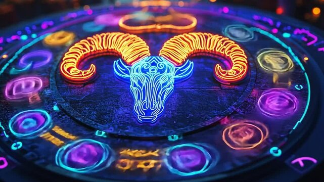 Glowing neon aries zodiac sign on a circular stone surface