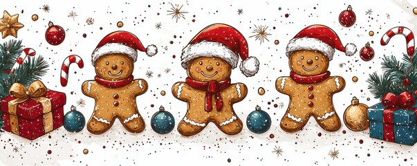 Fototapeta premium Festive cartoon Christmas pattern with gingerbread man and holiday decorations