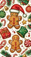 Obraz premium Cartoon-style Christmas pattern with gingerbread and festive decorations