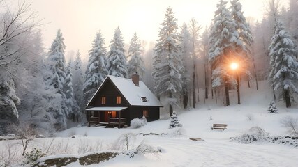 Winter wonderland scene with cozy cottage, snow-covered path lined by frosty pine trees and soft, falling snow. Winter landscape, soft sunrise light in winter forest. Snowy landscape.