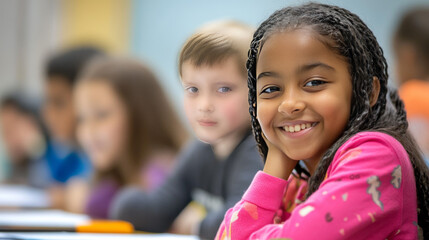 Happy Diverse Elementary School Girl Student Smiling in Classroom
