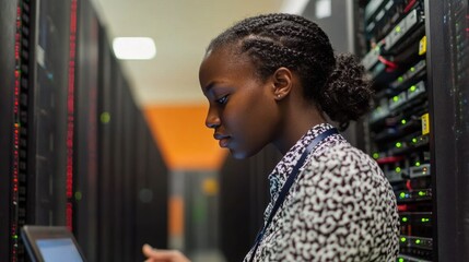 female worker server room and laptop