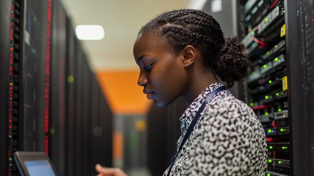 female worker server room and laptop