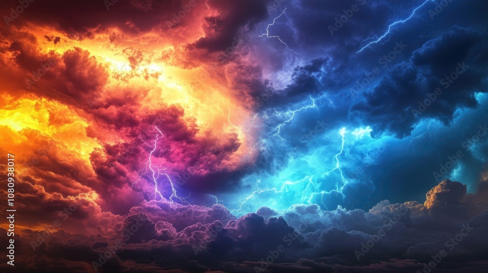 Poster vivid atmospheric phenomenon featuring lightning and thunder showcasing striking colors and weather 