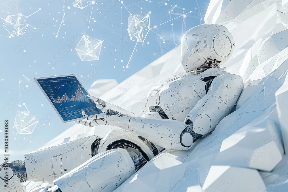 Poster futuristic robot relaxing in a digital sky with tablet analytics