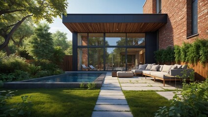 A modern house with a backyard patio, pool, and seating area.