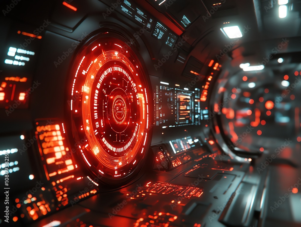 Poster interior of a futuristic spaceship with a glowing red control panel and digital displays.